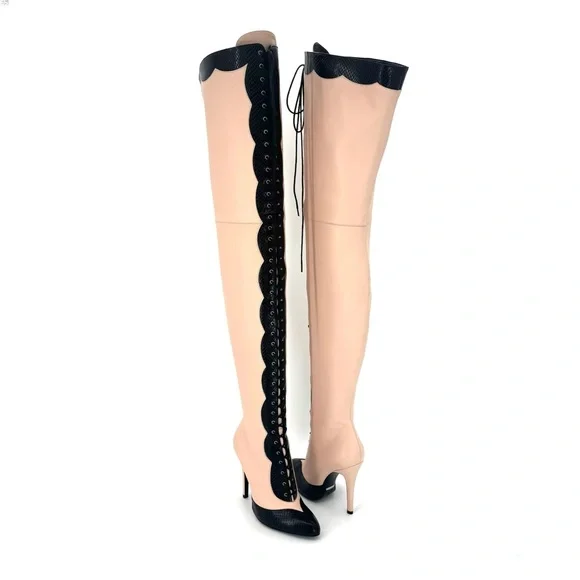 NEW Gucci Harriet Thigh High Snake Emboss Beige Black Pointed Toe Boots 38 - Picture 3 of 10